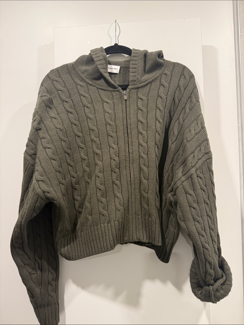 Sunday Best Olive Cable Knit Hooded Zip Sweater